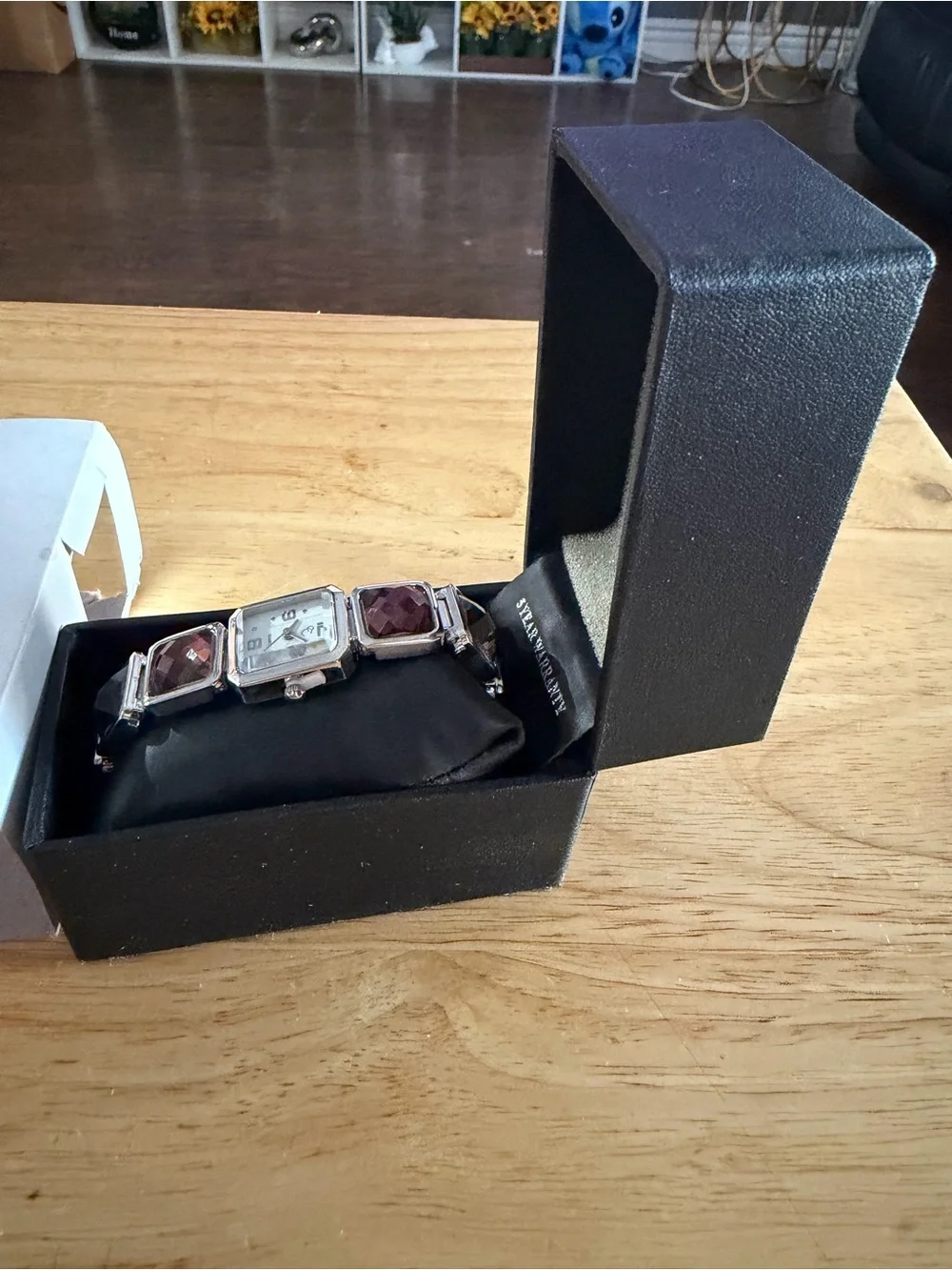 Ladies Silver Bracelet Watch with Burgundy Faceted Accents